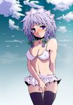  atsumi_haru bikini blush braid breasts covered_nipples covering covering_crotch izayoi_sakuya medium_breasts short_hair silver_hair solo swimsuit tears thighhighs touhou twin_braids zettai_ryouiki 