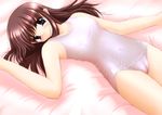 bed blue_eyes blush breasts brown_hair cameltoe copyright_request covered_nipples highres kisaragi_mic long_hair one-piece_swimsuit school_swimsuit see-through small_breasts solo swimsuit white_school_swimsuit white_swimsuit 