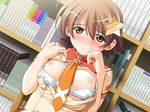  between_breasts blush book bra bra_pull breasts brown_hair game_cg hair_ornament katakura_shinji kira_kira large_breasts lingerie nipples open_clothes open_shirt orange_eyes school_uniform shiino_kirari shirt short_hair solo underwear white_bra 