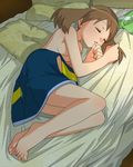  amada bad_id bad_pixiv_id barefoot bed blush breasts brown_hair closed_eyes feet haruka_(pokemon) no_bandana no_headwear pokemon pokemon_(game) pokemon_emerald pokemon_rse sideboob sleeping small_breasts solo sweat topless 