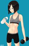  bike_shorts black_eyes bob_cut bottle dumbbell flat_chest glasses hair_ornament hairclip itsutsu lipstick makeup midriff navel original short_hair simple_background smile solo sports_bra standing water_bottle weightlifting weights 