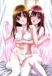  blush bra brown_eyes brown_hair choker highres hug lingerie long_hair multiple_girls nanno_koto one_eye_closed original panties smile thighhighs underwear underwear_only white_legwear white_panties yuri 