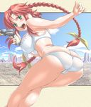  ass blush bra braid breasts cameltoe canyon day green_eyes gun jon_shicchiou large_breasts lingerie long_hair panties rebecca_streisand red_hair sky twin_braids twintails underwear underwear_only weapon white_bra white_panties wild_arms wild_arms_5 
