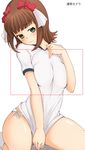  amami_haruka bad_id bad_pixiv_id brown_hair covering covering_crotch curvy green_eyes idolmaster idolmaster_(classic) idolmaster_1 kazuto_san kneeling panties shirt_tug short_hair side-tie_panties solo underwear 