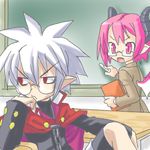  1girl book demon_girl disgaea glasses horns karina lowres makai_senki_disgaea_3 mao_(disgaea) raspberyl school short_hair teacher white_hair 