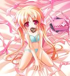  bed_sheet blonde_hair camisole chocolate fate_testarossa hair_ribbon long_hair lyrical_nanoha mahou_shoujo_lyrical_nanoha midriff mouth_hold navel panties red_eyes ribbon solo teruui twintails underwear very_long_hair 