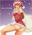  ass blush breasts christmas cleavage dress elbow_gloves gloves green_eyes hat large_breasts looking_back panties pantyshot pantyshot_(standing) pink_hair pink_panties rio_rollins rirakukan sack santa_costume santa_hat short_hair sideboob sky snow solo standing strapless strapless_dress super_blackjack underwear 