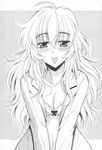  artist_request breasts cleavage full_metal_panic! greyscale highres long_hair medium_breasts monochrome open_clothes open_shirt shirt solo teletha_testarossa wavy_hair 