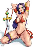  aqua_eyes arikawa armpits arms_up athena_(series) bikini breasts cameltoe covered_nipples hairband kneeling long_hair medium_breasts princess_athena purple_hair red_bikini side-tie_bikini snk swimsuit sword weapon 