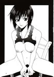  breasts dog_tags full_metal_panic! greyscale highres medium_breasts melissa_mao monochrome shirt_lift short_hair solo 