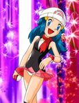  :d bare_shoulders black_legwear blue_eyes blue_hair blush breasts hair_ornament hat hikari_(pokemon) holding kneehighs long_hair looking_at_viewer miniskirt open_mouth panties pantyshot pantyshot_(standing) poke_ball poke_ball_print pokemon scarf sidelocks skirt skirt_lift small_breasts smile solo sparkle standing underwear white_panties wind wind_lift 