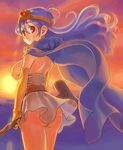  artist_request ass blue_hair breasts cape circlet covered_nipples dragon_quest dragon_quest_iii earrings elbow_gloves from_behind gloves jewelry large_breasts red_eyes sage_(dq3) see-through solo staff sunset 
