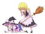  bad_id bad_pixiv_id blonde_hair blush broom hat holding izayoi_sakuya kirisame_marisa knife long_hair maid multiple_girls ribbon sawayaka_samehada short_hair silver_hair simple_background touhou white_background witch witch_hat yellow_eyes 