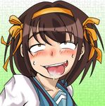  ahegao ahegaokin blush brown_hair collaboration fuugetsu_kai kita_high_school_uniform saliva school_uniform serafuku solo suzumiya_haruhi suzumiya_haruhi_no_yuuutsu third-party_edit tongue yukiman 