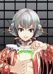  bad_id bad_pixiv_id breasts finger_frame grey_eyes headphones looking_at_viewer medium_breasts nail_polish original red_nails shimotsuki_eight short_hair silver_hair smile solo strap topless upper_body 