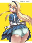  alice_(wonderland) alice_(wonderland)_(cosplay) alice_in_wonderland ass ass_focus blonde_hair blue_eyes cosplay highres ippo kuma_(persona_4) long_hair looking_back male_focus otoko_no_ko panties persona persona_4 solo underwear 