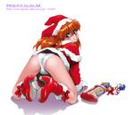  all_fours ass blue_eyes blush boots bow character_doll christmas christmas_stocking clenched_teeth eco_ice ecoco ekokuice from_behind gift gloves hat high_heels jester_cap long_hair looking_back neon_genesis_evangelion orange_hair panties santa_costume shibata_masahiro shoes solo souryuu_asuka_langley star teeth toy underwear white_panties 