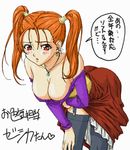  bare_shoulders bent_over blush breasts brown_hair cleavage corset dragon_quest dragon_quest_viii dress garter_belt jessica_albert large_breasts long_hair lowres okiyumi_kase purple_shirt shirt skirt skirt_lift solo strapless strapless_dress thighhighs translated twintails 