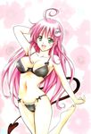  armpits barefoot bra green_eyes highres lala_satalin_deviluke lingerie long_hair navel panties peke pink_hair solo tail to_love-ru underwear underwear_only yabuki_kentarou 