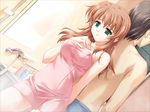  1girl artist_request back-to-back breasts dutch_angle game_cg green_eyes impossible_towel large_breasts naked_towel reconquista showering towel wet yoshimori_masaki 