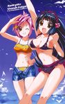  ahoge bikini blue_hair breasts brown_eyes covered_nipples day etorofu_kujira hairband highres large_breasts long_hair midriff multiple_girls nankyoku_sakura non-web_source one_eye_closed open_fly open_mouth penguin_musume pink_hair red_eyes short_hair shorts swimsuit takahashi_tetsuya underboob unzipped very_long_hair 