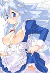  ahoge animal_ears blue_eyes blue_hair blush breasts dress futaba_channel large_breasts long_hair maid mu-pyon pinky_out solo thighhighs 