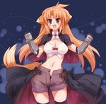  :d arf black_legwear blue_eyes bow bowtie breasts cleavage gauntlets large_breasts long_hair looking_at_viewer lyrical_nanoha mahou_shoujo_lyrical_nanoha midriff momiji_mao navel open_mouth orange_hair red_bow red_neckwear smile solo standing stomach thighhighs very_long_hair zettai_ryouiki 