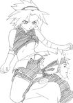  1girl bike_shorts breast_slip breasts forehead_protector greyscale haruno_sakura kicking medium_breasts monochrome naruto naruto_(series) ninja nipples okiyumi_kase spandex uzumaki_naruto 