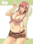  areolae bandana belt blush breasts cleavage covered_nipples cowboy_hat cowboy_shot green_eyes hat large_breasts midriff navel pink_hair pose rio_rollins rirakukan shorts solo super_blackjack western 