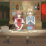  alice_margatroid apron bottle chopsticks cooking daikon dishes eel food_stand forest grill kitchen_knife lantern multiple_girls mystia_lorelei nature paper_lantern pot sleeves_rolled_up torinone touhou wings yatai 