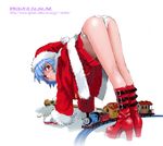  all_fours arm_support ass ayanami_rei bent_over blue_hair blush boots buckle christmas embarrassed hat high_heels jacket kneepits looking_back neon_genesis_evangelion panties presenting red_eyes santa_costume santa_hat shibata_masahiro shoes short_hair solo thighs thomas_the_tank_engine top-down_bottom-up underwear wand 