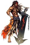  1boy barefoot beard brown_hair dissidia_final_fantasy facial_hair final_fantasy final_fantasy_x full_body hand_on_hip headband hips jecht male male_focus muscle scar smile solo standing sword topless torn_clothes weapon 