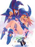  black_magician black_magician_girl blonde_hair boots breasts couple dark_magician_girl duel_monster highres magician wand yu-gi-oh! yuu-gi-ou yuu-gi-ou_duel_monsters 