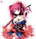  bare_shoulders breasts cleavage flower hair_bobbles hair_ornament head_tilt ideolo medium_breasts no_nose onozuka_komachi red_eyes red_hair scythe short_hair solo spider_lily touhou 