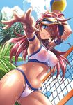  armpits ball bikini blue_eyes breasts covered_nipples day long_hair medium_breasts nipples one_eye_closed original rakko_(r2) red_hair see-through solo swimsuit visor_cap volleyball wet 