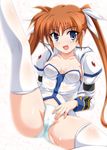  bad_id bad_pixiv_id breasts eccentriky fang hair_ribbon long_hair lyrical_nanoha mahou_shoujo_lyrical_nanoha_strikers medium_breasts no_pants orange_hair panties purple_eyes red_hair ribbon see-through solo spread_legs takamachi_nanoha thighhighs twintails underwear 