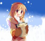  blush brown_hair food hairband happy kanikama kanon mittens red_eyes smile snow solo taiyaki tsukimiya_ayu wagashi wings 