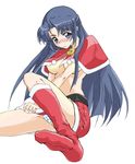  asakura_ryouko blue_eyes blue_hair blush breasts kneehighs long_hair medium_breasts panties pantyshot phares socks solo striped striped_panties suzumiya_haruhi_no_yuuutsu underboob underwear 