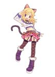  animal_ears black_panties blonde_hair blush boots cat_(trickster) cat_ears cat_tail cross jewelry lingerie midriff necklace panties pantyshot purple_eyes skirt solo tail thighhighs third-party_edit trickster underwear 