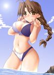  beach bikini blush breasts brown_eyes brown_hair cloud day large_breasts long_hair navel outdoors ryuuko_no_ken sky solo swimsuit the_king_of_fighters tonpuu very_long_hair wet yuri_sakazaki 