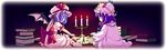  bat_wings book book_stack candle hat highres long_hair long_image moon multiple_girls patchouli_knowledge purple_hair red_eyes remilia_scarlet ribbon short_hair touhou wide_image wings yuuki_keisuke 