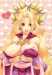  areola_slip areolae bad_id bad_pixiv_id blonde_hair breast_lift breasts earrings heart hyakkimaru_(100mani) jewelry kankougou large_breasts long_hair nipple_slip nipples sangokushi_taisen solo yellow_eyes 