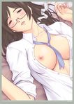  breasts brown_eyes brown_hair glasses holon large_breasts lying necktie nipples no_bra open_clothes open_shirt r1 real_drive shirt sleeves_rolled_up solo 