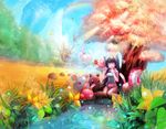  animal animal_ears bad_id bad_pixiv_id blue_hair cat_ears copyright_request day flute instrument kneeling outdoors panties pond rainbow sitting underwear yoru_(xueyinye) 