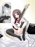  1girl amicis amplifier blue_eyes brown_hair cigarette mouth_hold original panties plectrum sheet_music short_hair sid_vicious sitting smoking thighhighs underwear 