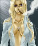  artist_request blonde_hair blue_eyes breasts cigar cleavage glasses hellsing integra_hellsing jewelry long_hair medium_breasts necklace open_clothes open_shirt shirt smoking solo 