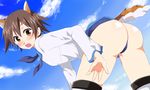  animal_ears ass bad_id bad_pixiv_id bent_over blush brown_eyes brown_hair cloud day futaba_841 miyafuji_yoshika open_mouth short_hair sky solo strike_witches tail world_witches_series 