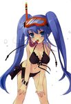  :o absurdres aqua_eyes arm_support bent_over bikini black_bikini blue_hair blush bracelet breasts cleavage covered_nipples diving_mask front-tie_top highres itou_noiji jewelry large_breasts leg_grab long_hair nanatsuiro_drops navel official_art open_mouth ring scan side-tie_bikini sideboob simple_background snorkel solo standing swimsuit twintails very_long_hair wet yuuki_nona 