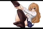  adjusting_clothes adjusting_legwear aisaka_taiga brown_eyes brown_hair convenient_leg dressing feet long_hair muguru outstretched_leg school_uniform skirt solo thighhighs thighhighs_pull toradora! zettai_ryouiki 