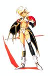  90s armor breasts highres langrisser langrisser_ii medium_breasts oldschool pointy_ears revealing_clothes smile solo sonia_(langrisser) sword thighhighs urushihara_satoshi weapon 